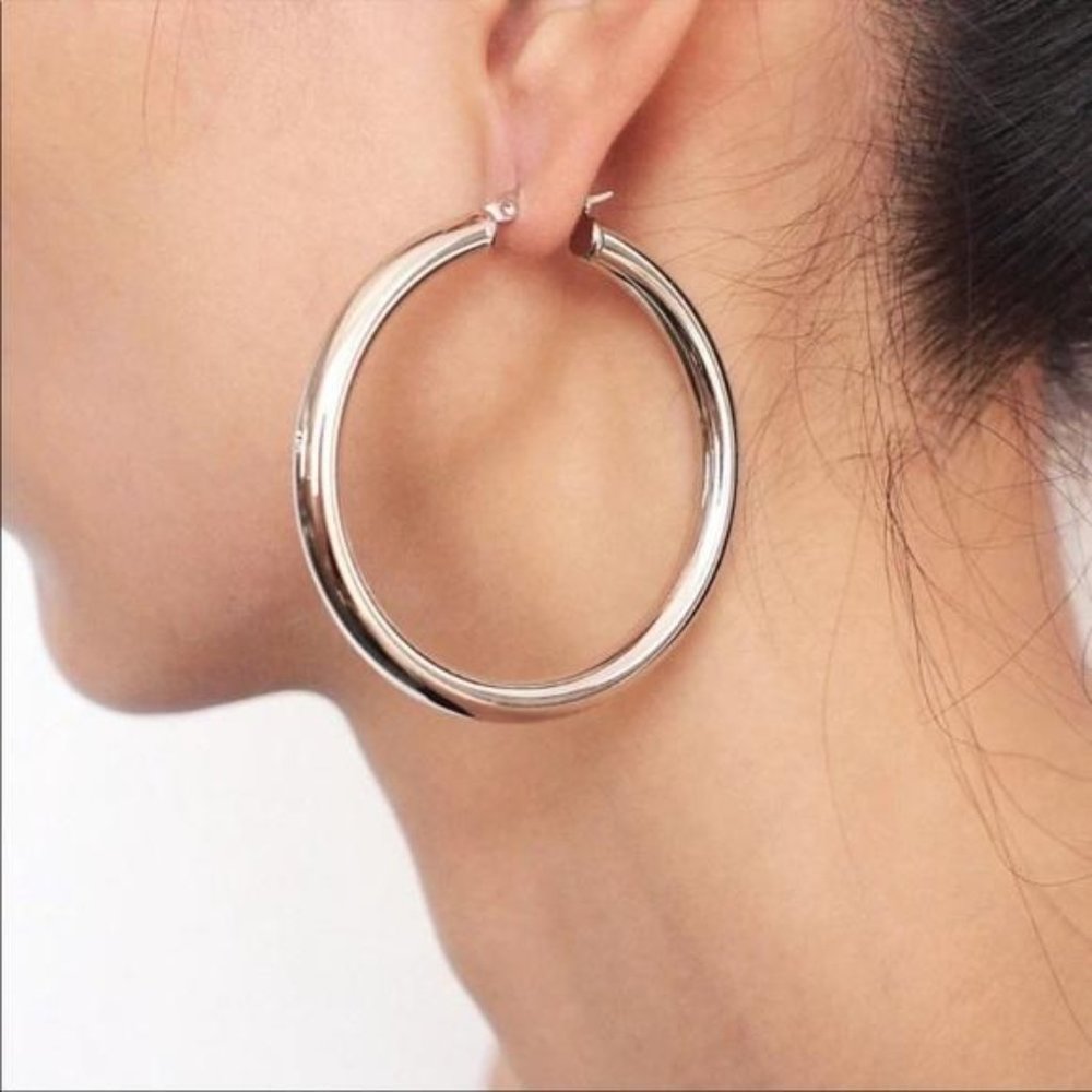 NEW 18K WHITE GOLD ROUND 2” TUBE HOOP EARRINGS